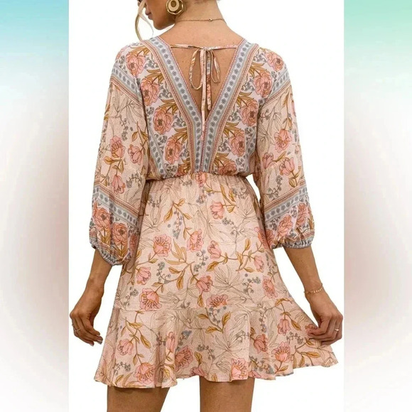 Floral Print V Neck 3/4 Sleeve Tie Waist Ruffle Flowy Short Dress NEW - Picture 3 of 5